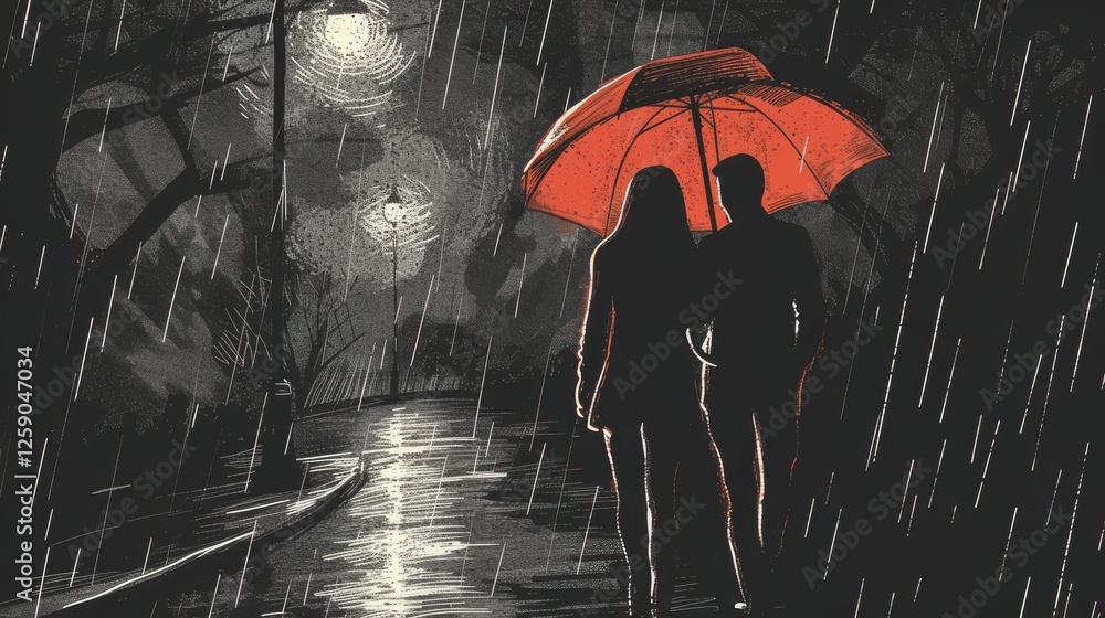 A digital illustration of a couple strolling under a red umbrella on a rainy night. The atmospheric scene is enhanced by glowing streetlights and falling rain. AI generated.