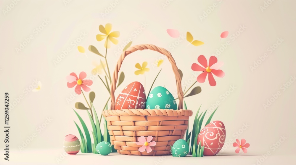 A charming Easter basket filled with beautifully decorated eggs surrounded by fresh spring flowers. Delicate pastel colors enhance the festive and cheerful mood. Ideal for seasonal designs. AI
