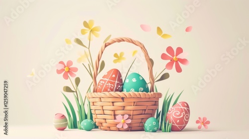 Obraz na płótnie A charming Easter basket filled with beautifully decorated eggs surrounded by fresh spring flowers. Delicate pastel colors enhance the festive and cheerful mood. Ideal for seasonal designs. AI w salonie