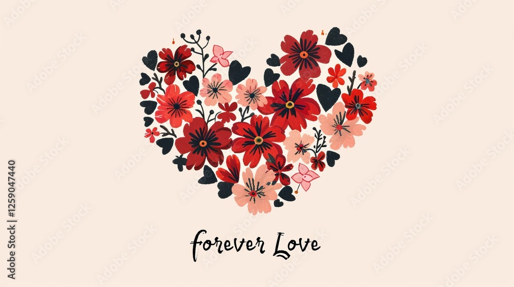 A beautifully arranged heart shape formed by red and pink flowers with black leaves, accompanied by the phrase Forever Love in elegant typography, creating a romantic and heartfelt visual. AI