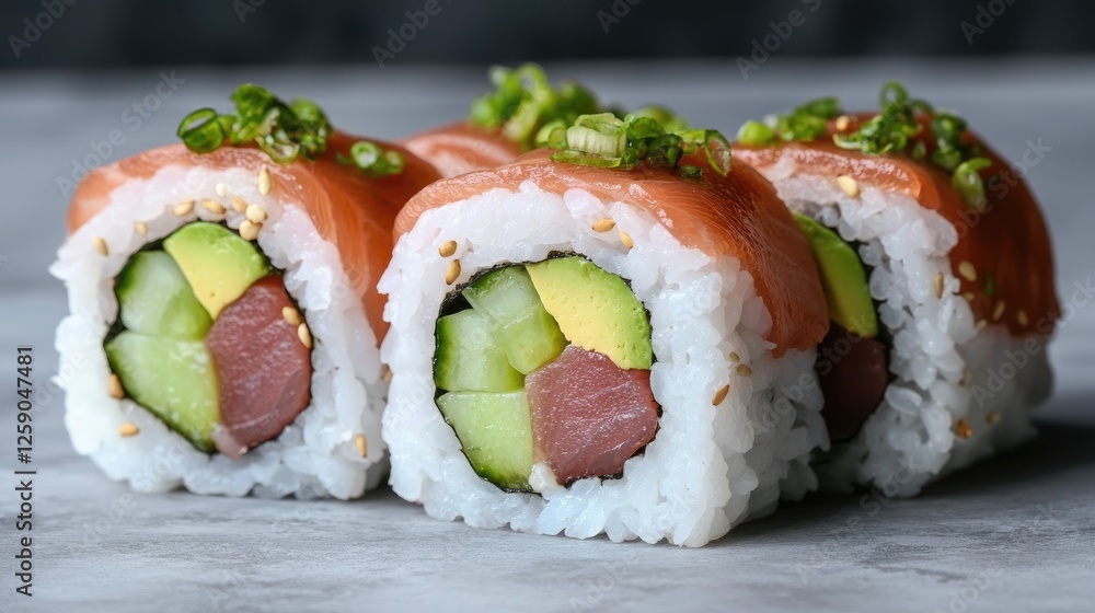 Delicious sushi rolls, avocado, cucumber, seafood. Food photography for restaurant menu Delicious sushi rolls, avocado, cucumber, seafood. Food photography for restaurant menu