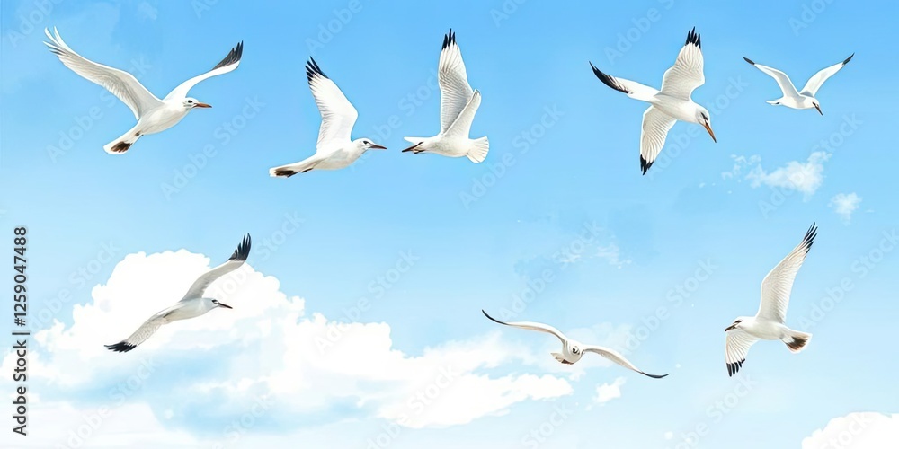Seven Seagulls Soaring in a Blue Sky with Clouds Seven Seagulls Soaring in a Blue Sky with Clouds