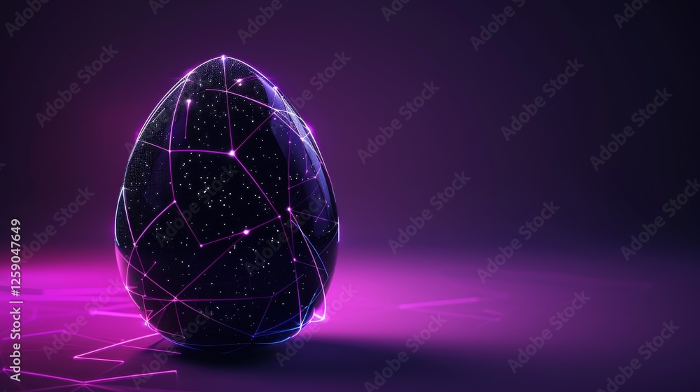 A visually stunning dark egg-shaped object glowing with neon purple and pink lights, covered in a network of luminous lines, evoking a cosmic and cyberpunk aesthetic. AI generated.
