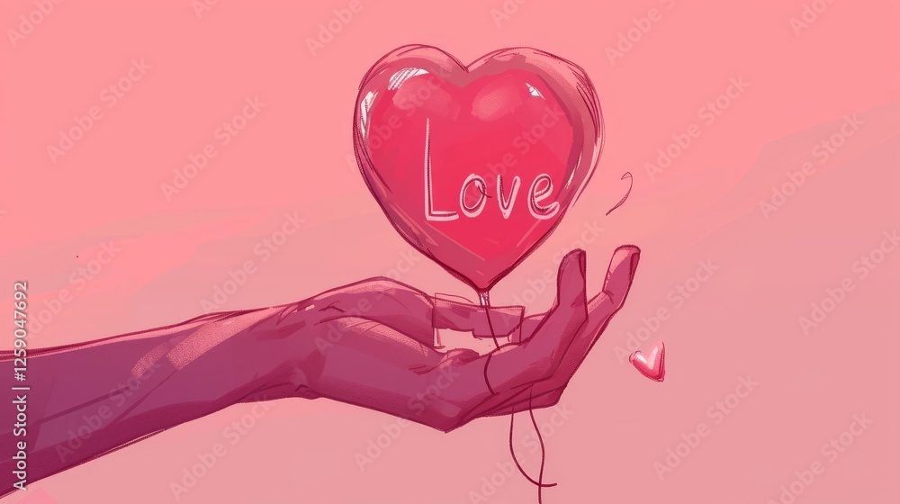 A delicate and artistic digital illustration of a hand holding a heart-shaped balloon with Love written on it, set against a soft pink background. The design conveys warmth and affection. AI generated