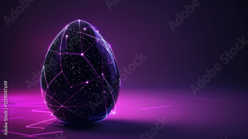 Obraz na płótnie A visually stunning dark egg-shaped object glowing with neon purple and pink lights, covered in a network of luminous lines, evoking a cosmic and cyberpunk aesthetic. AI generated. w salonie