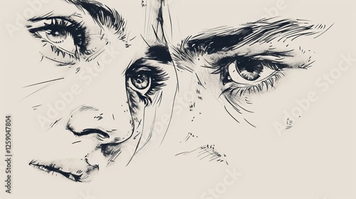 Obraz na płótnie A striking black and white illustration focusing on the eyes of a man and woman, capturing deep emotions through fine sketch lines and shading. AI generated. w salonie