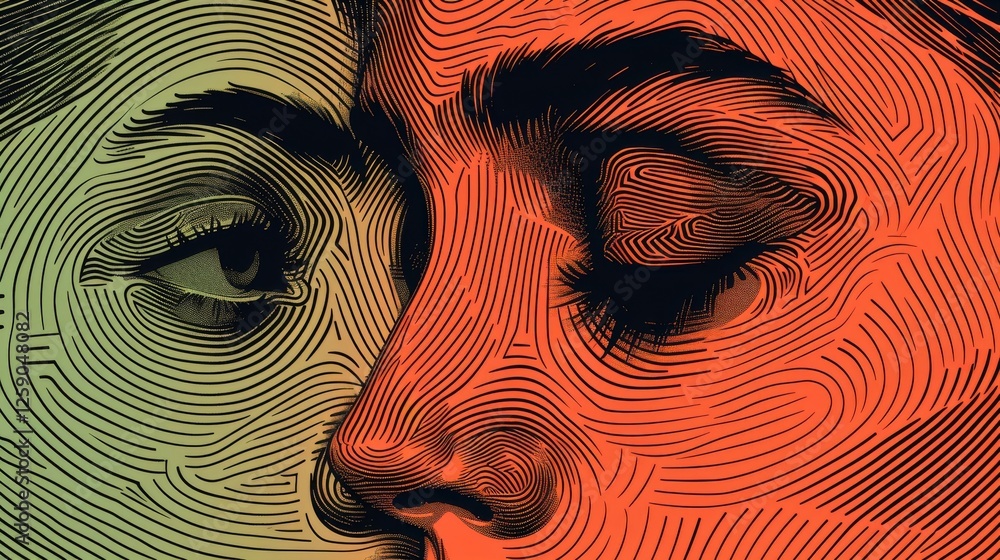 A close-up of a stylized abstract face illustration with intricate line art, blending warm and cool color tones in a bold artistic composition. AI generated.