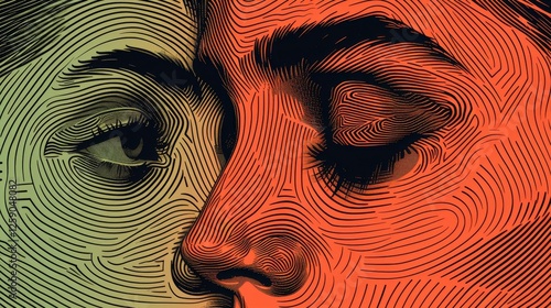 Obraz na płótnie A close-up of a stylized abstract face illustration with intricate line art, blending warm and cool color tones in a bold artistic composition. AI generated. w salonie