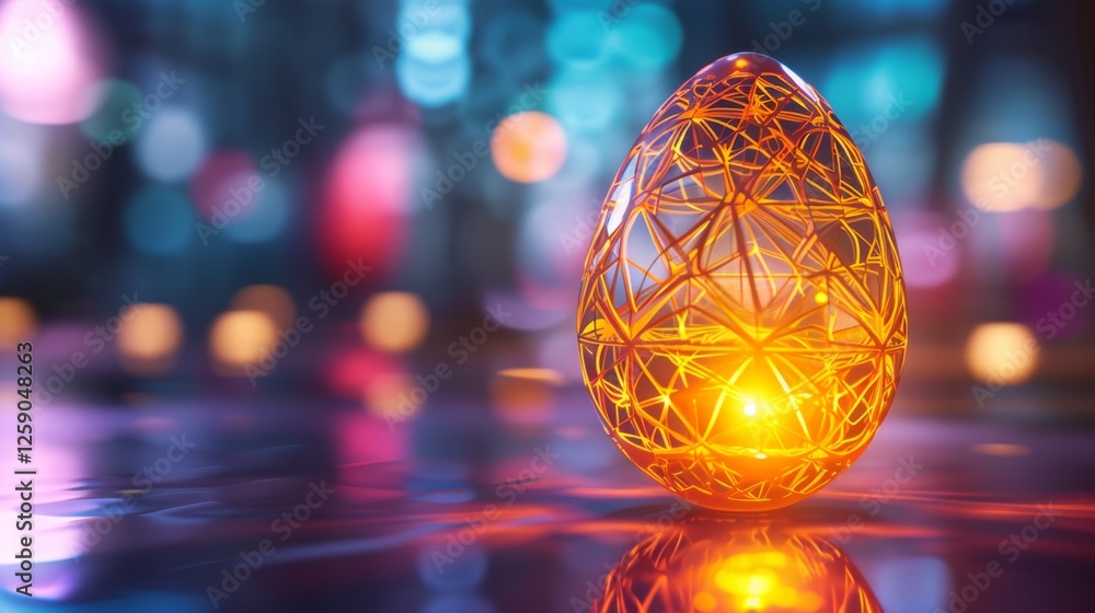 A transparent egg with a geometric wireframe structure encasing a glowing core, set in a dreamy cyberpunk environment. Ideal for sci-fi, technology, and futuristic innovation themes. AI generated.