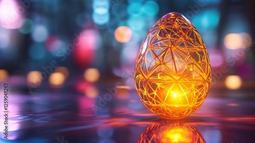 Obraz na płótnie A transparent egg with a geometric wireframe structure encasing a glowing core, set in a dreamy cyberpunk environment. Ideal for sci-fi, technology, and futuristic innovation themes. AI generated. w salonie