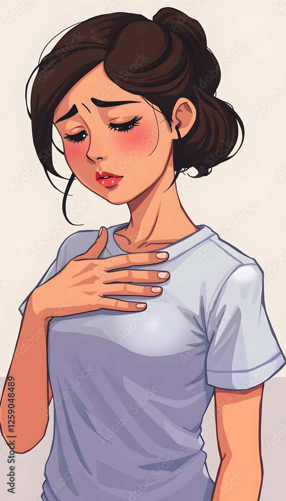Brunette hispanic girl with hand on stomach because nausea, painful disease feeling unwell. Ache concept, pixel art. with white shades