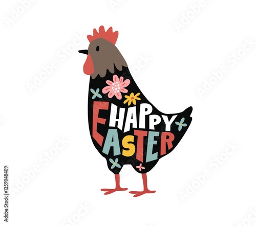Spring holiday party poster. Spring invitation. Cute hen bird vector illustration. Happy Easter lettering text. Traditional celebration banner with flowers. Festive drawing typography. Farm animal