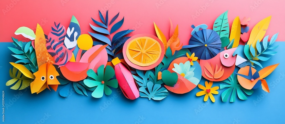 Fototapeta premium Vibrant paper cut-out artwork featuring tropical elements and flowers against a gradient background