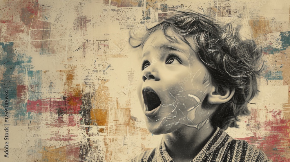A conceptual digital portrait of a wide-eyed child, surrounded by abstract artistic textures, blending realism with expressive brushstroke elements for a dreamlike effect. AI generated.
