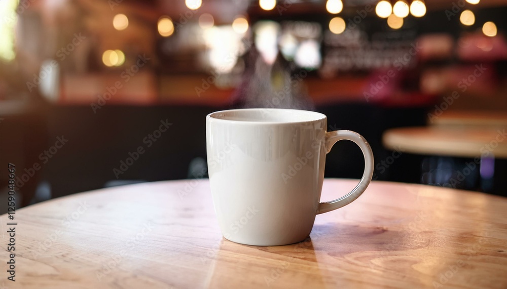 Generated image. Mockup de taza de café en mesa de cafetería con fondo borroso Generated image. Mockup de taza de café en mesa de cafetería con fondo borroso