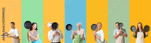 Set of people with frying p...