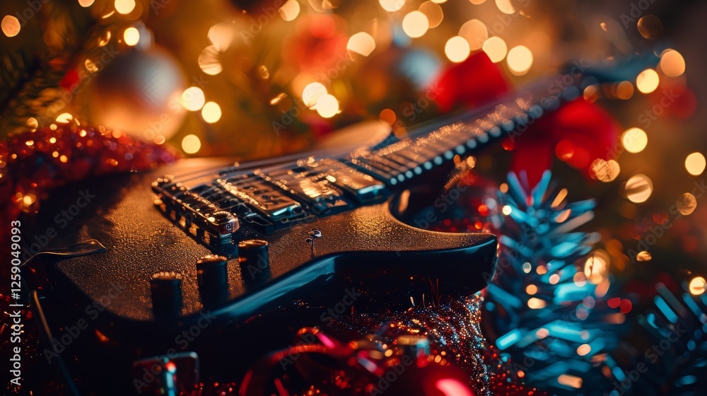 A sleek black electric guitar placed among glittering Christmas decorations, illuminated by warm festive lights, creating a moody holiday rock ambiance. AI generated.