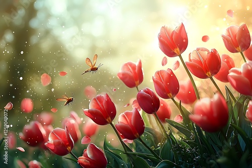 Meadow in spring filled with colorful tulips and a variety of pollinators flying among them photo