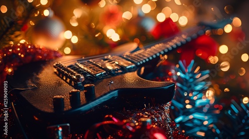 Obraz na płótnie A sleek black electric guitar placed among glittering Christmas decorations, illuminated by warm festive lights, creating a moody holiday rock ambiance. AI generated. w salonie