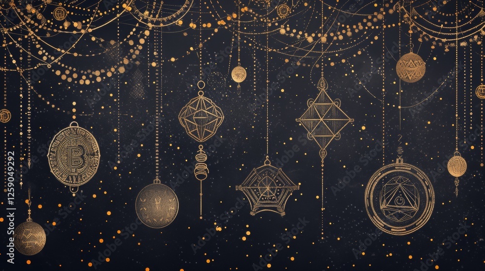 A sophisticated digital artwork displaying elegant cryptocurrency-themed ornaments with intricate gold details, suspended on a dark background, symbolizing digital wealth and modern finance. AI