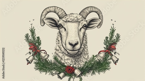 Obraz na płótnie Elegant vintage-style illustration of a ram with curved horns, surrounded by a holiday pine garland and decorative bells. The intricate ink drawing evokes a classic, festive feel, ideal for seasonal w salonie