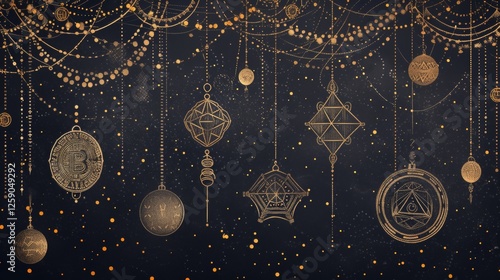 Obraz na płótnie A sophisticated digital artwork displaying elegant cryptocurrency-themed ornaments with intricate gold details, suspended on a dark background, symbolizing digital wealth and modern finance. AI w salonie
