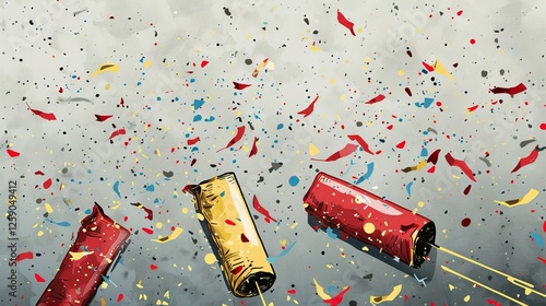 A festive and energetic digital illustration featuring confetti and fireworks in mid-air. The bright colors and dynamic motion create a joyful and celebratory atmosphere. AI generated.