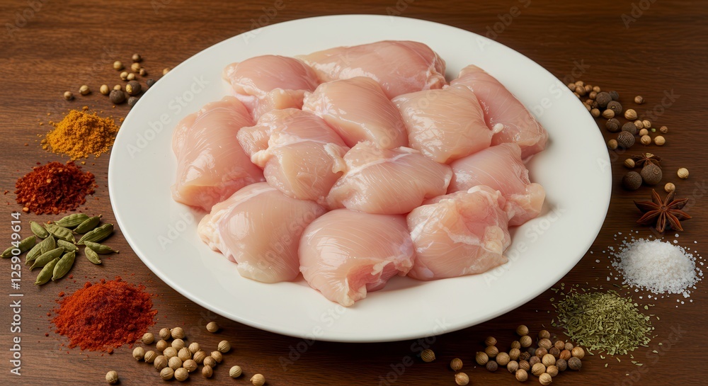 Raw Chicken Thigh Meat on Plate with Colorful Spices on Wood Raw Chicken Thigh Meat on Plate with Colorful Spices on Wood