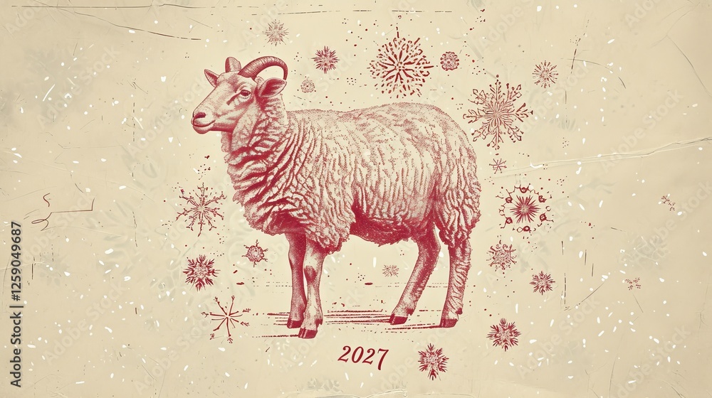 A stylized vintage-inspired digital illustration of a sheep surrounded by intricate snowflakes, featuring the year 2027, evoking a nostalgic holiday and seasonal feel. AI generated.