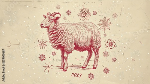 Obraz na płótnie A stylized vintage-inspired digital illustration of a sheep surrounded by intricate snowflakes, featuring the year 2027, evoking a nostalgic holiday and seasonal feel. AI generated. w salonie