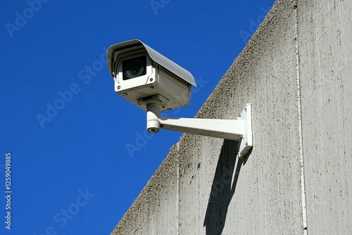 Security camera on concrete wall, bright blue sky. Outdoor surveillance photo