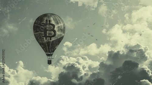 A digital illustration of a Bitcoin-branded hot air balloon soaring above the clouds. The surreal scene blends finance and adventure, symbolizing Bitcoin