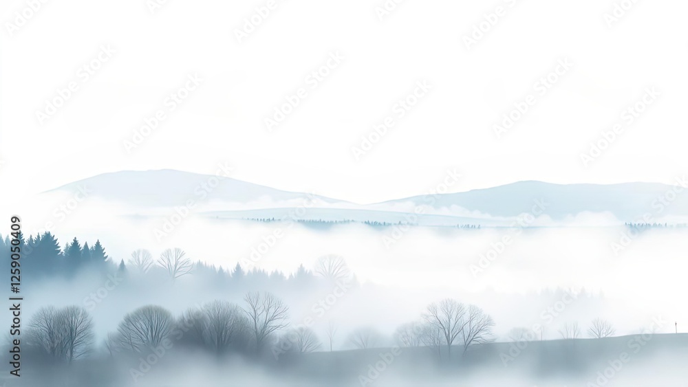 Fototapeta premium Serene Foggy Mountain Landscape Winter Forest Trees Hills