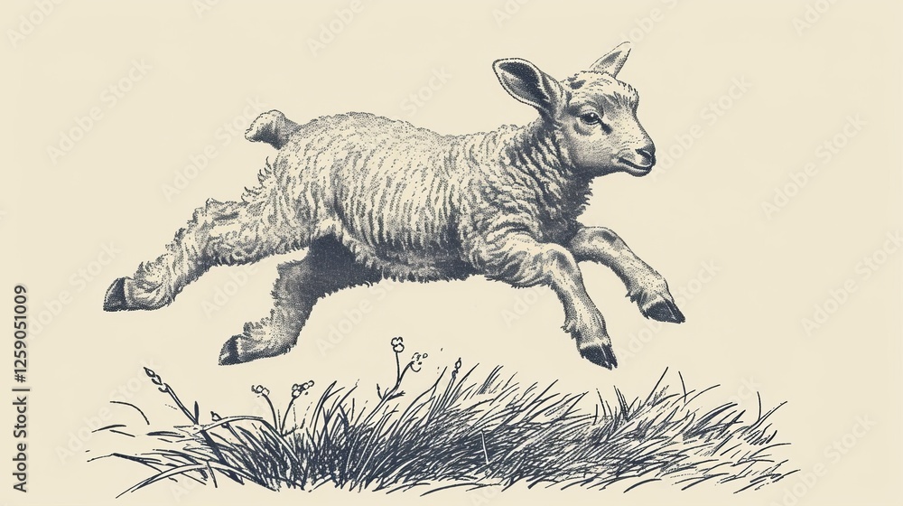 A finely detailed vintage etching of a lamb mid-leap over grass, evoking a rustic countryside feel. Perfect for farm-related prints and traditional artwork. AI generated.