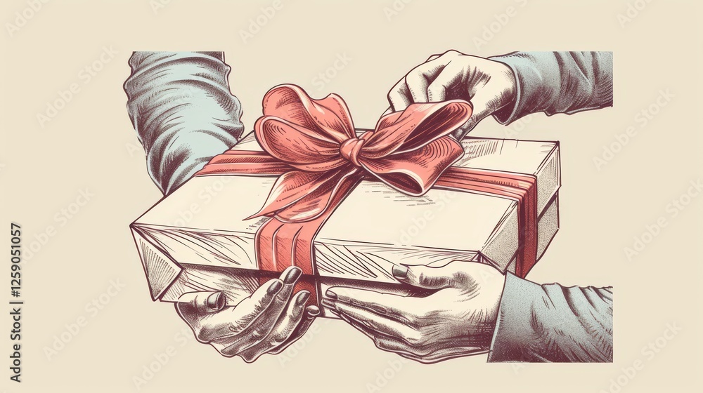 A vintage-style illustration of hands passing a wrapped gift box with a red ribbon. The detailed artwork conveys themes of generosity, kindness, and celebration. AI generated.
