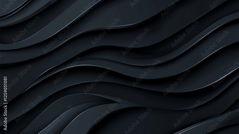 Black abstract background design. Modern wavy line pattern (guilloche curves) in monochrome colors. Premium stripe texture for banner, business background. Dark horizontal vector template