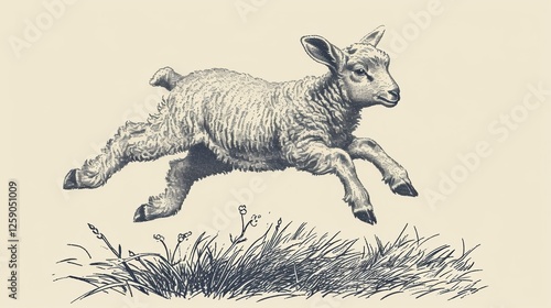 Obraz na płótnie A finely detailed vintage etching of a lamb mid-leap over grass, evoking a rustic countryside feel. Perfect for farm-related prints and traditional artwork. AI generated. w salonie