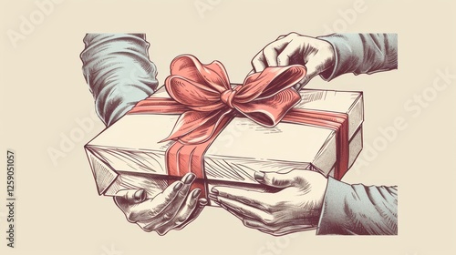 Obraz na płótnie A vintage-style illustration of hands passing a wrapped gift box with a red ribbon. The detailed artwork conveys themes of generosity, kindness, and celebration. AI generated. w salonie