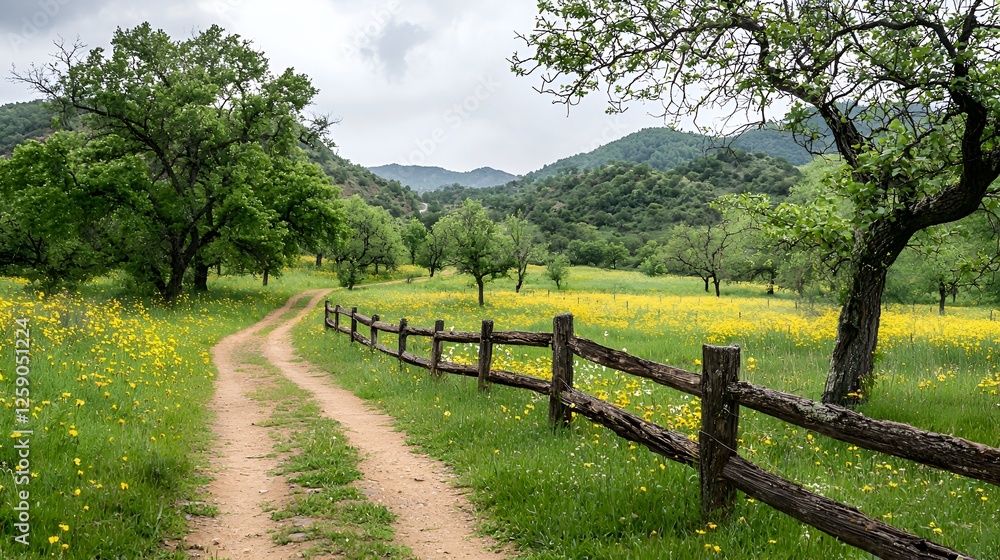 Dirt road, spring meadow, hills, fence, nature Dirt road, spring meadow, hills, fence, nature