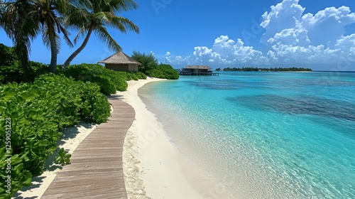 Tropical Paradise  Serene Beach Walkway to Overwater Bungalows