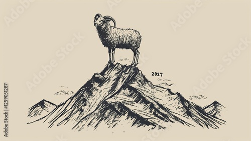 Obraz na płótnie A minimalist yet expressive ink-style illustration of a mountain goat standing on a peak, with a rugged mountain range in the background, evoking adventure and wilderness. AI generated. w salonie