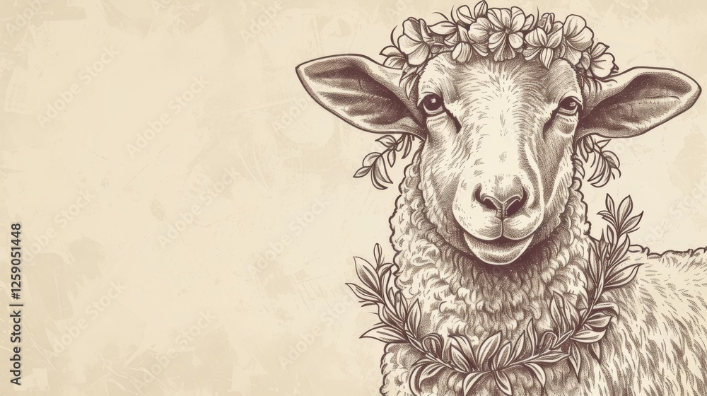 Elegant vintage-style ink drawing of a sheep with a floral wreath around its neck and head. The intricate details and fine lines evoke a classic pastoral scene with artistic charm. AI generated.