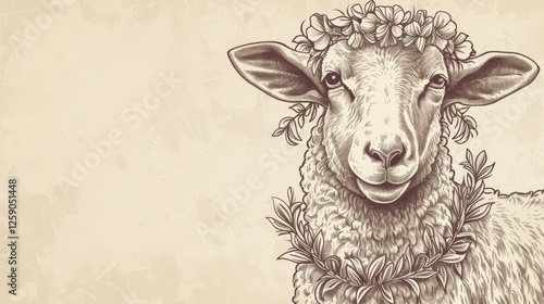 Obraz na płótnie Elegant vintage-style ink drawing of a sheep with a floral wreath around its neck and head. The intricate details and fine lines evoke a classic pastoral scene with artistic charm. AI generated. w salonie
