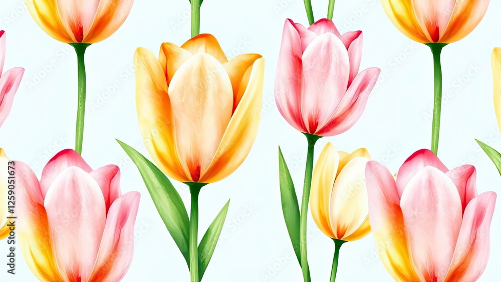 Fototapeta premium Spring Tulips Pastel Pink Yellow Floral Seamless Pattern