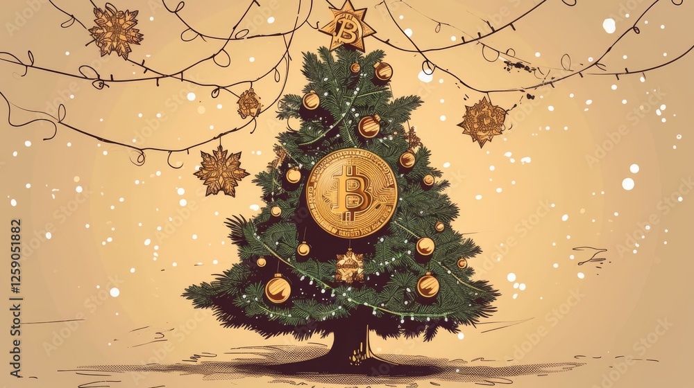 A beautifully decorated Christmas tree with golden Bitcoin ornaments and twinkling holiday lights. A warm and inviting digital art piece blending finance and holiday spirit. AI generated.
