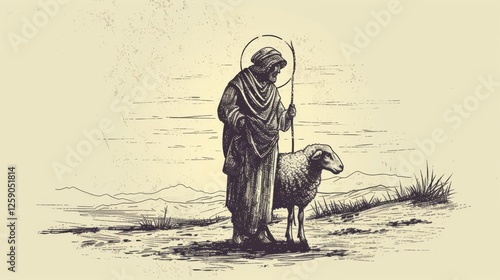 Obraz na płótnie A striking AI-generated vintage-style drawing depicting a shepherd with a glowing halo standing beside a sheep, symbolizing guidance and devotion in a rural setting. AI generated. w salonie