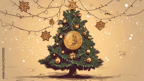Obraz na płótnie A beautifully decorated Christmas tree with golden Bitcoin ornaments and twinkling holiday lights. A warm and inviting digital art piece blending finance and holiday spirit. AI generated. w salonie