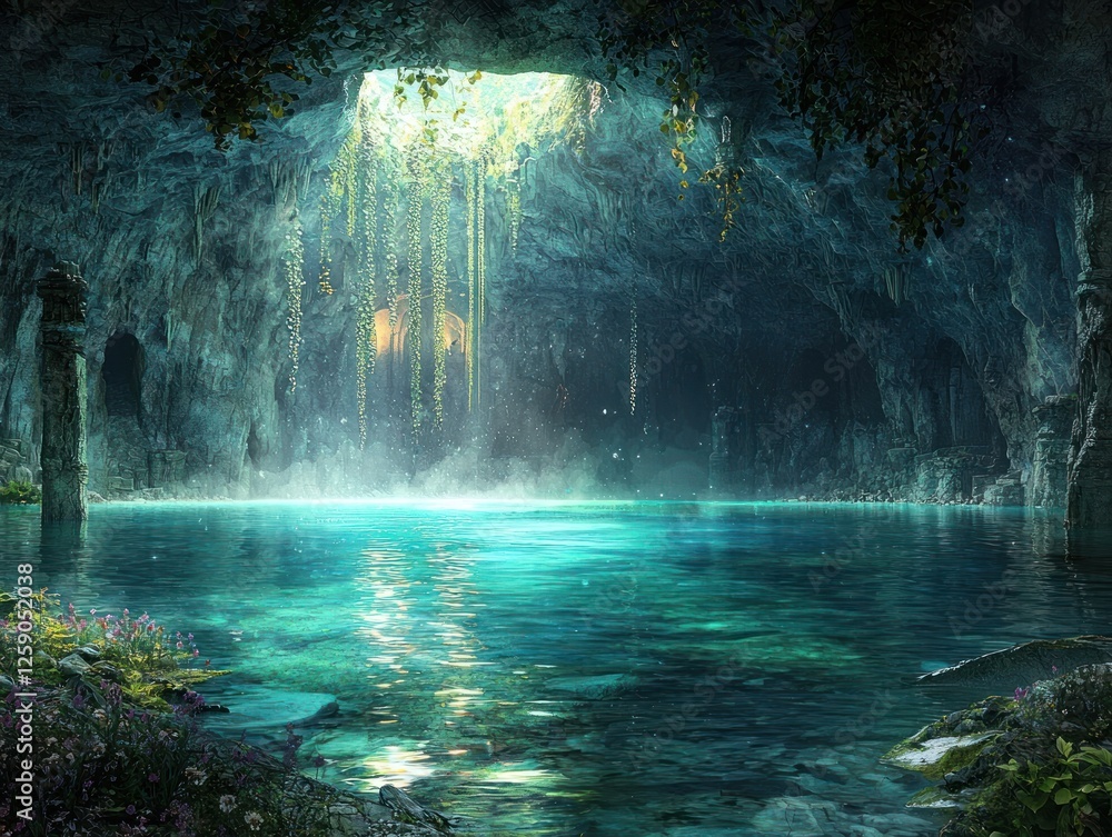 Fototapeta premium An underground cave featuring a tranquil lake, illuminated by subtle light.