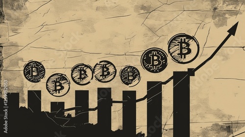 Obraz na płótnie A stylized financial chart depicting Bitcoin coins rising along a bar graph, symbolizing growth, investment success, and cryptocurrency market trends. AI generated. w salonie
