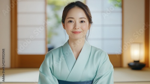 Woman in Kimono, Smiling, Interior, Japan, Calm, Peaceful photo